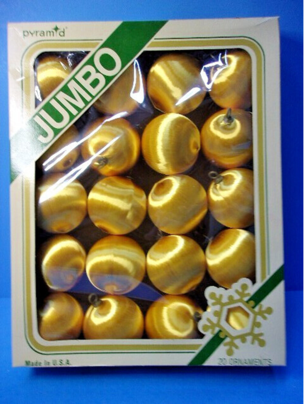 Vintage Box of 20 Pyramid Satin Sheen Yellow Gold Christmas Ornament Balls 2.5"